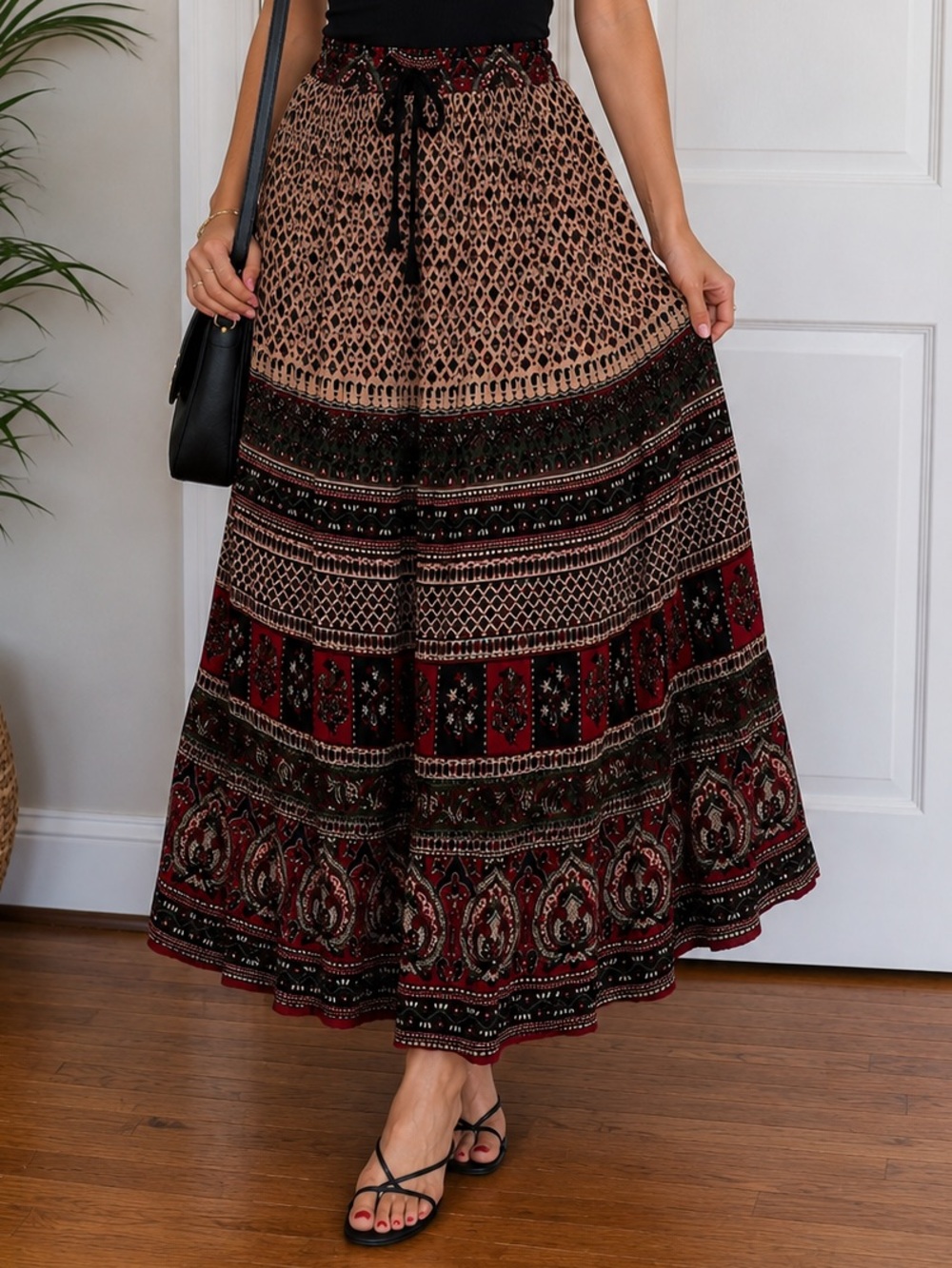 Paths of the Spirit Boho Patchwork Peasant Prairie Midi Skirt OS 80s NWT